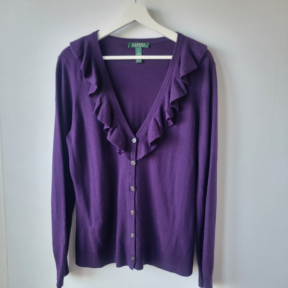 Lauren Ralph Lauren women's Ruffled Silk/ Cashmere Cardigan sz L Old Money cozy
